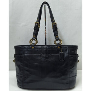 Coach Gallery Black Patent Leather Turn Lock Pocket Doubler Handle Tote Bag